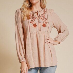 HEM & THREAD Tan Embroidered Peasant Blouse, Boho Floral Long Sleeve Top, Flowy